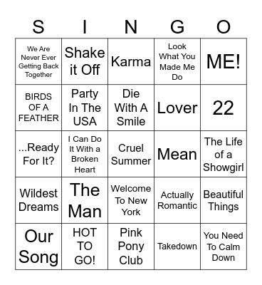 Taylor & Friends Bingo Card