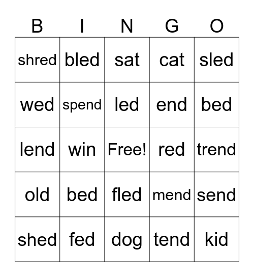 ed word family Bingo Card