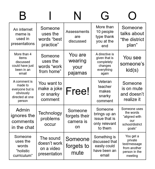 Teacher Virtual Staff Meeting Bingo Card
