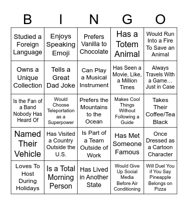 I Know Somebody Who… Bingo Card