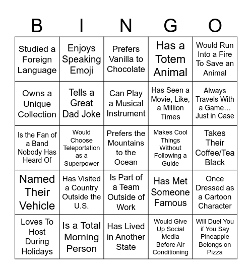 I Know Somebody Who… Bingo Card
