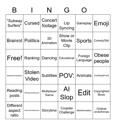 YT Shorts Bingo January 2026 V2 Bingo Card