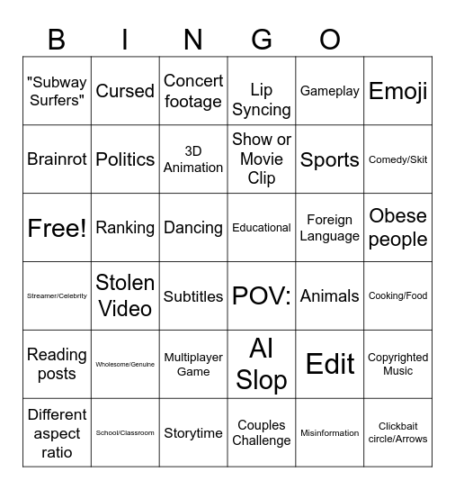 YT Shorts Bingo January 2026 V2 Bingo Card