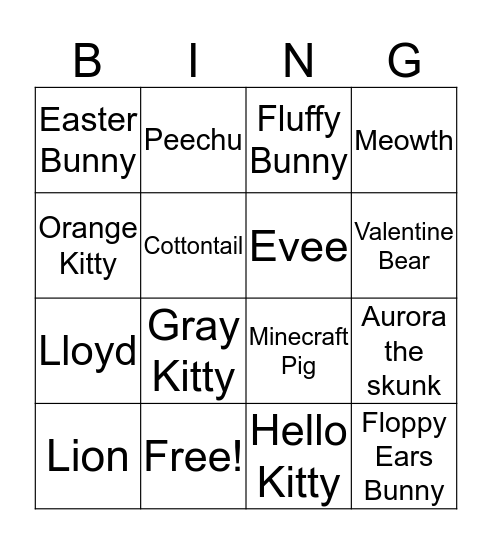 Stuffed Animal Bingo Card