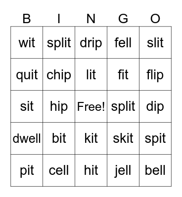 it word family Bingo Card