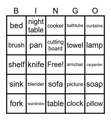 Furniture and utencils Bingo Card