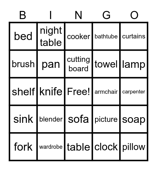 Furniture and utencils Bingo Card