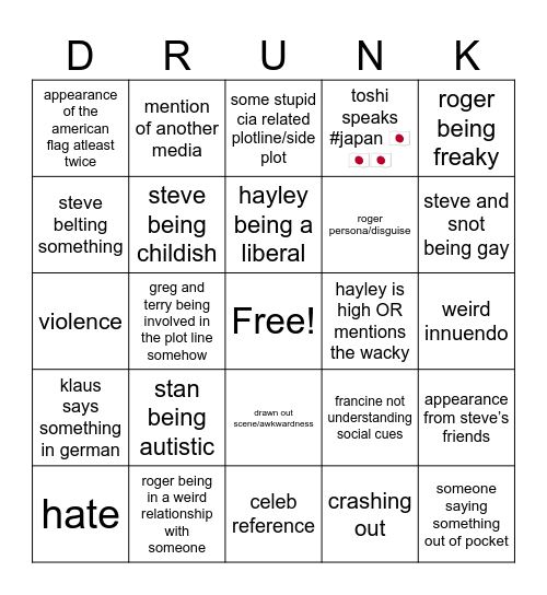 american dad bingo Card
