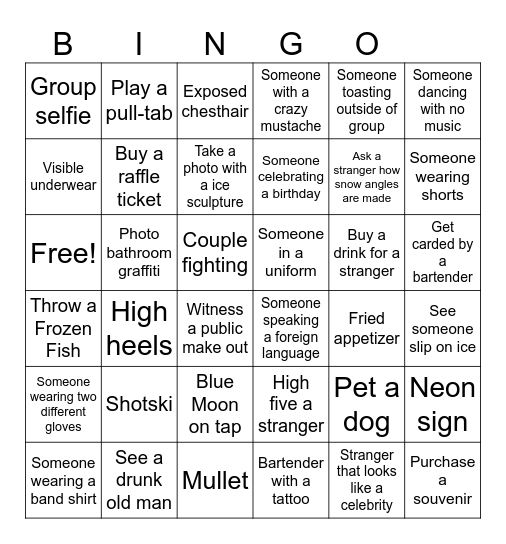 Pub Crawl Bingo Card