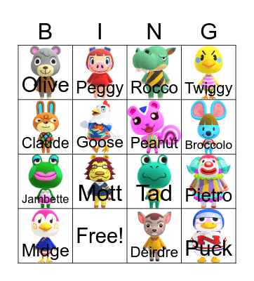 Animal Crossing Bingo Card