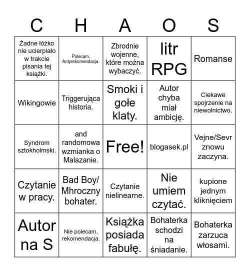 Chaos Bingo Card
