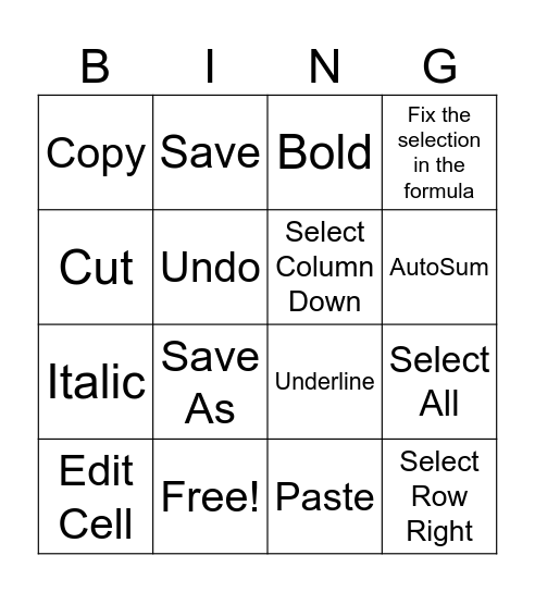 Excel Shortcuts Bingo Card