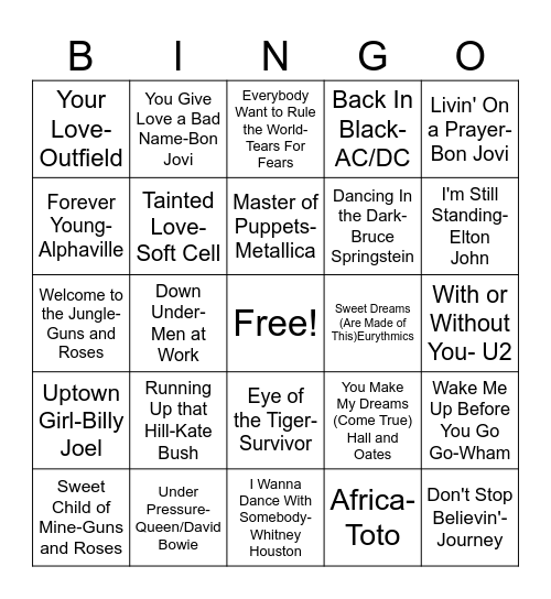 Most Streamed 80's Songs Bingo Card