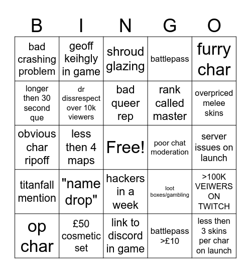high guard bingo Card