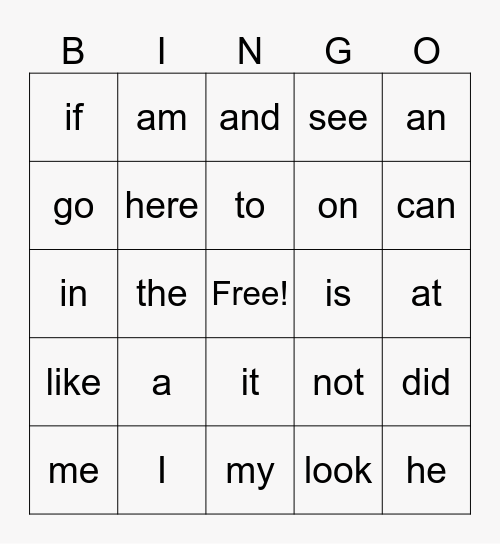 Sight Words List 1 Bingo Card