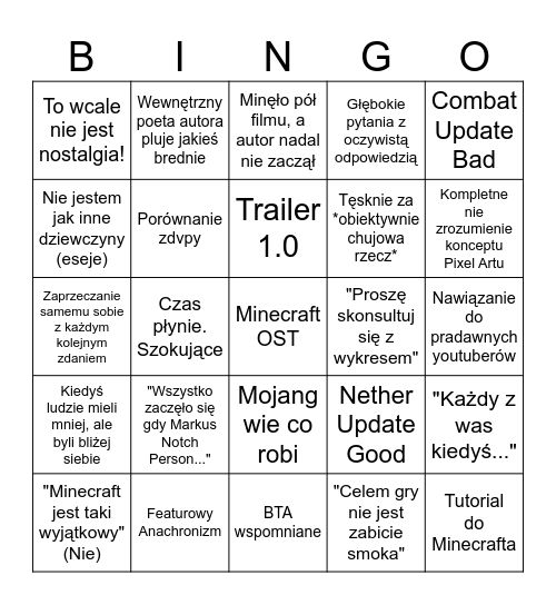 Minecraft Wideoesej Bingo Card