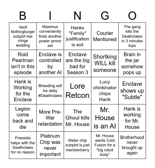 Fallout S2E7 Bingo Card