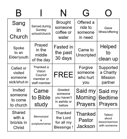 Church Bingo Card