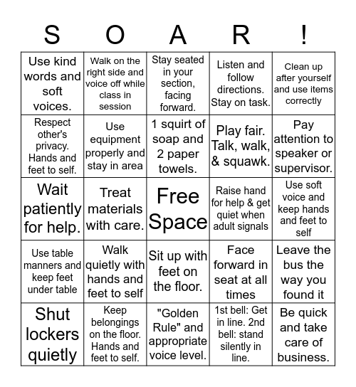 School SOAR Expectations Bingo Card