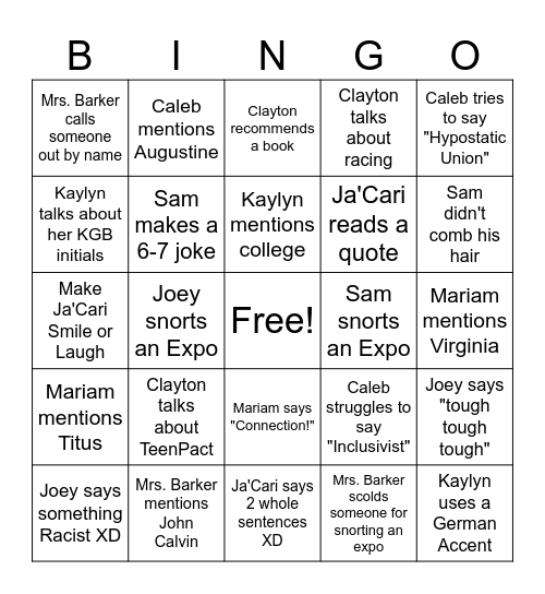 Class BINGO Card (Ethan) Bingo Card