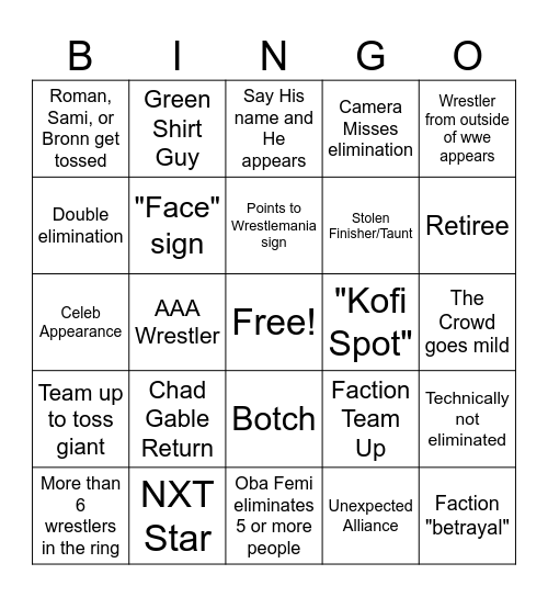 Rumble Bingo Card