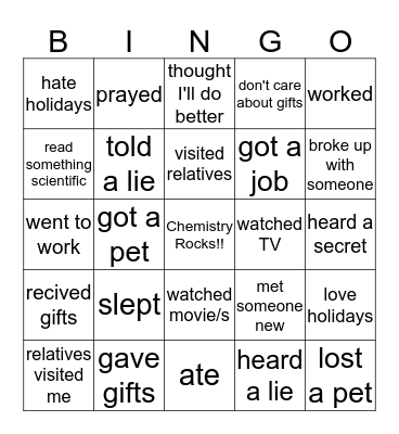 In the holidays (I)..... Bingo Card