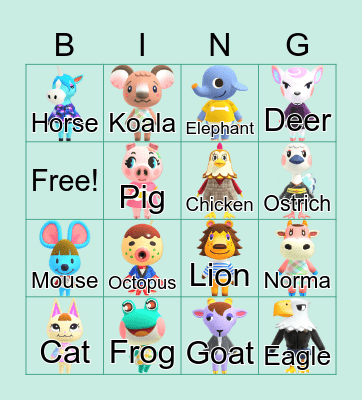 Animal Crossing Species Bingo Card
