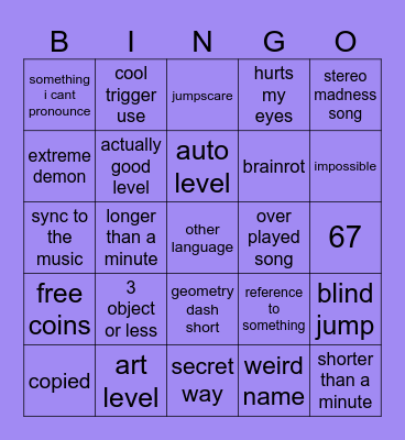 geometry dash recent tab bingo Card