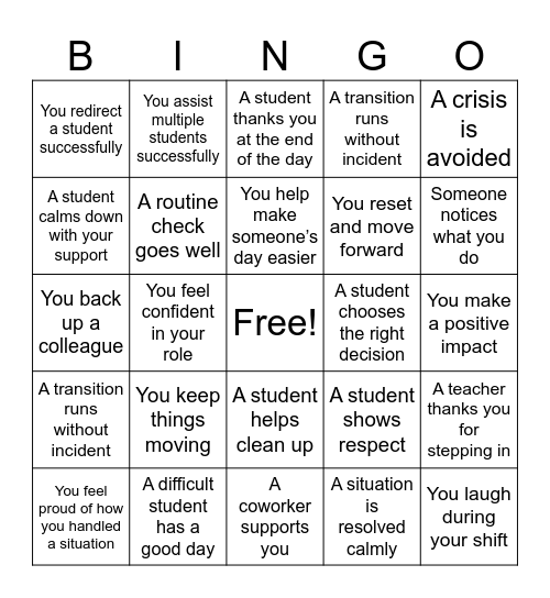 Support Staff Little Victories Bingo Card