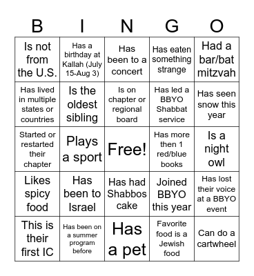 Meet Kallah 2026! Bingo Card