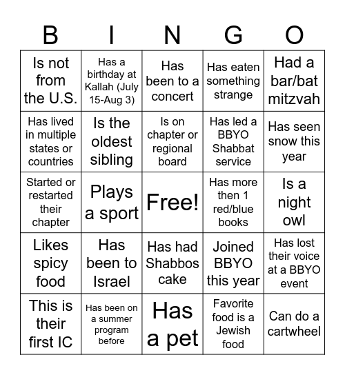 Meet Kallah 2026! Bingo Card