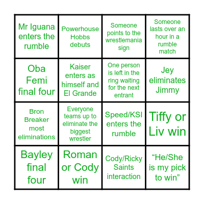 Royal Rumble 26 Bingo Card
