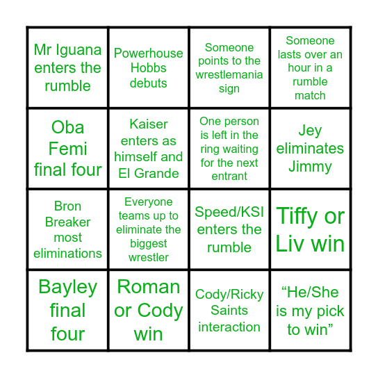 Royal Rumble 26 Bingo Card
