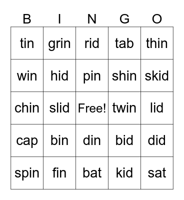 in word family Bingo Card