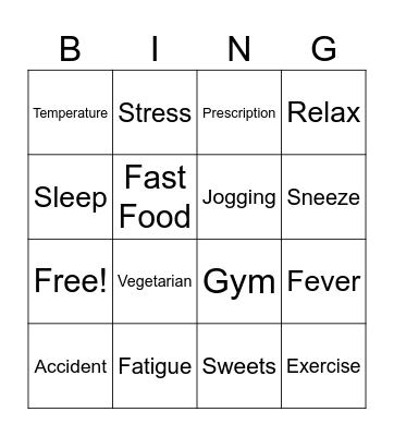 English Health Bingo! Bingo Card