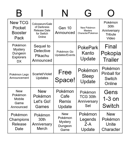 Pokémon Anniversary 2026 Predictions Bingo Card
