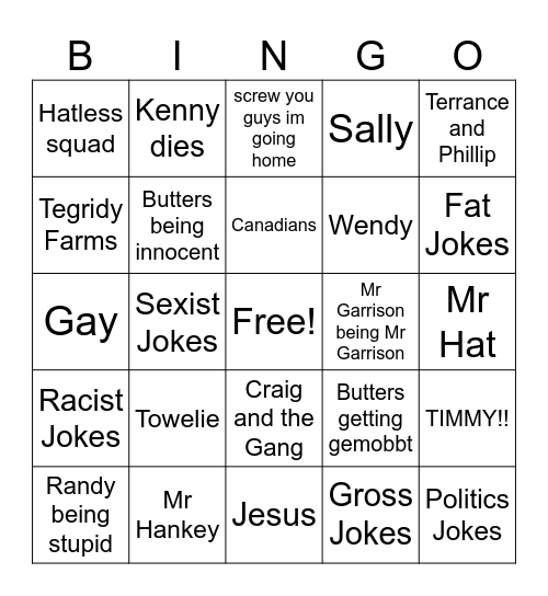 South Park Bingo Card