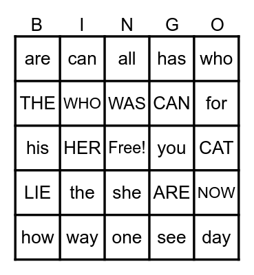 3 Letter Sight Words Bingo Card