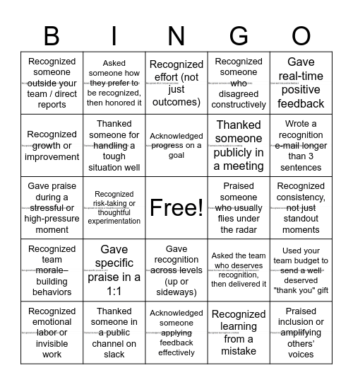 Recognition Bingo Card