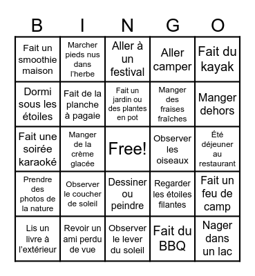 Mon été 2025 Bingo Card