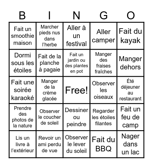 Mon été 2025 Bingo Card