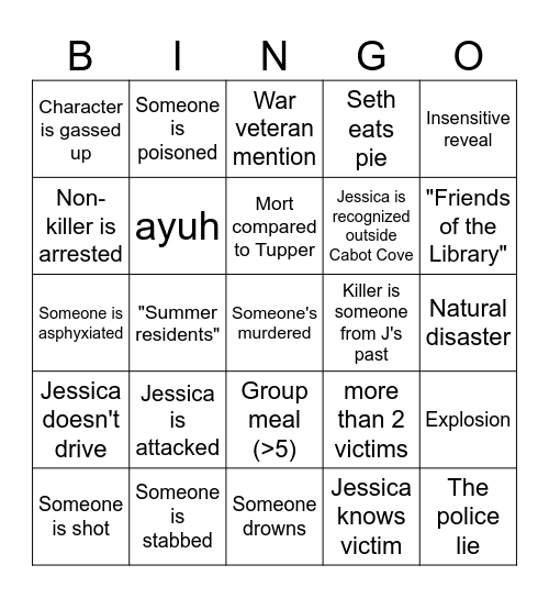 Murder, She Wrote, he read Bingo Card