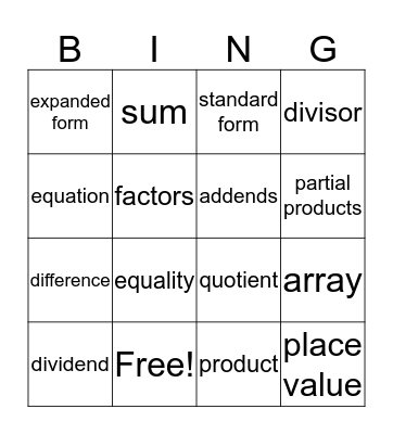 Math Vocabulary Bingo Card