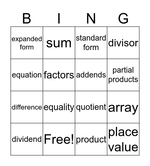 Math Vocabulary Bingo Card