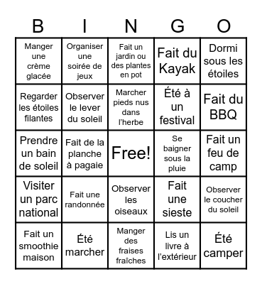Mon été 2025 Bingo Card