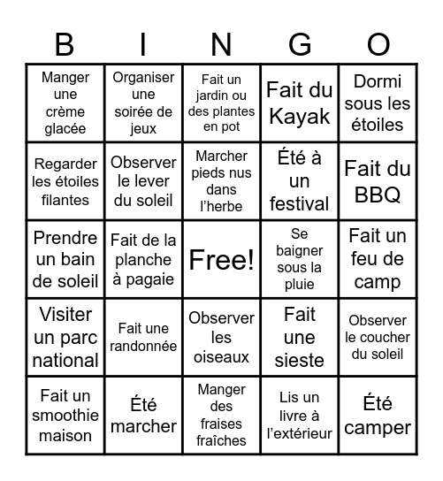 Mon été 2025 Bingo Card