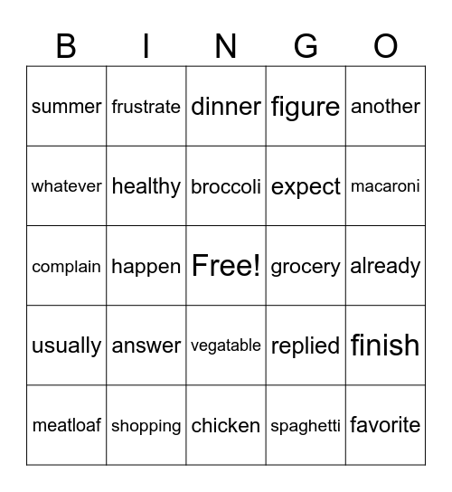 Dinner Disaster Bingo Card