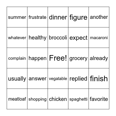 Dinner Disaster Bingo Card
