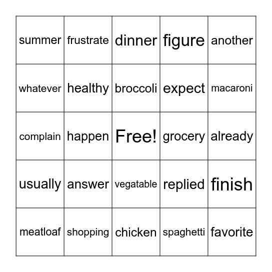 Dinner Disaster Bingo Card