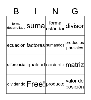 Math Vocabulary Bingo Card